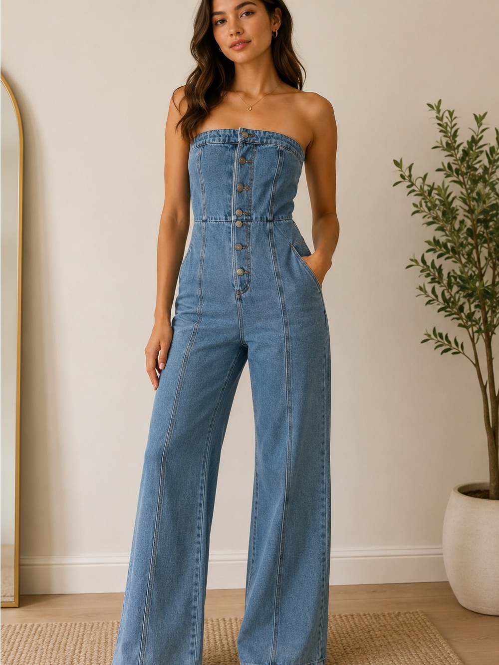 FOREVER 21 Strapless Wide-Leg Denim Jumpsuit - Light Blue